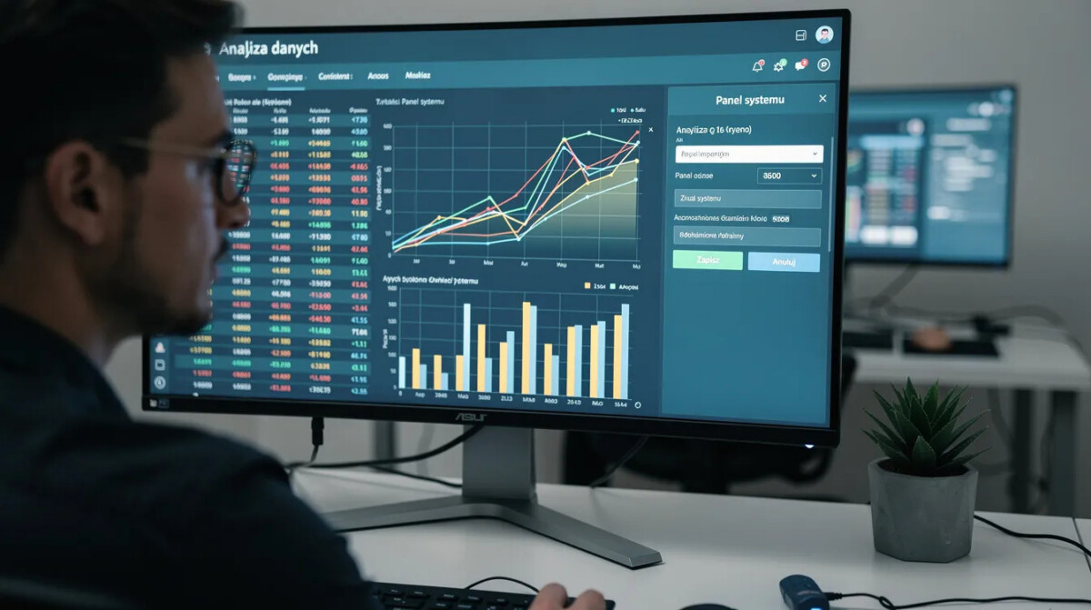Na obrazku widoczna jest osoba analizująca dane na monitorze, na którym otwarty jest panel systemu. Użytkownik korzysta z podstawowych funkcji aplikacji, aby przeglądać raporty i wykresy dotyczące zarządzania użytkownikami oraz faktur VAT.