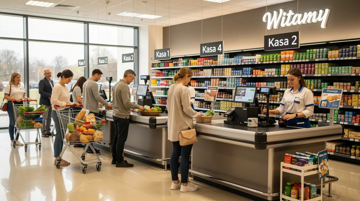 Wnętrze nowoczesnego sklepu detalicznego z klientami i pracownikami przy kasach, gdzie można zaobserwować różnorodne zachowania klientów oraz ich decyzje zakupowe. Pracownicy angażują się w obsługę posprzedażową, co wpływa na doświadczenia klienta i lojalność klientów wobec marki.