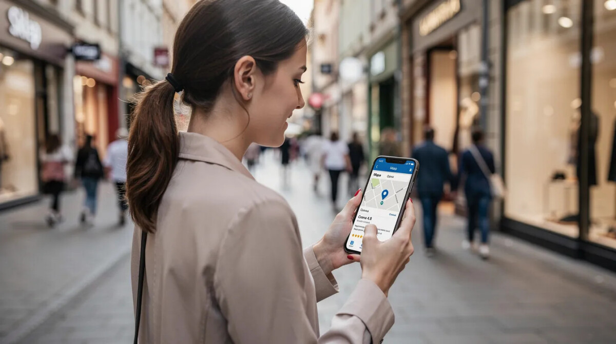 Na zdjęciu widoczna jest klientka, która przegląda swój telefon z otwartą mapą Google oraz opiniami o lokalizacji sklepu, stojąc na ruchliwej ulicy handlowej. W tle widać witryny sklepowe, a jej zainteresowanie pozytywnymi opiniami może wpłynąć na decyzje zakupowe potencjalnych klientów.
