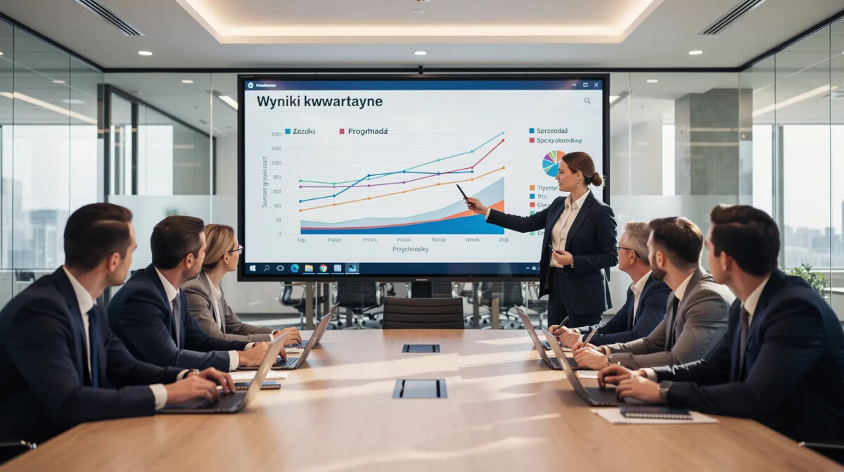 Na dużym ekranie w sali konferencyjnej wyświetlane są wykresy ilustrujące wyniki analizy doświadczeń klientów, podczas gdy zespół osób dyskutuje o jakości produktów i oczekiwaniach w kontekście lokalnych benchmarków. Spotkanie ma na celu podsumowanie danych oraz omówienie możliwych działań poprawiających satysfakcję klientów w polskich sklepach.