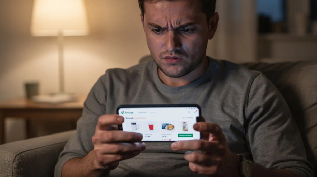 Na zdjęciu widoczna jest osoba przeglądająca sklep internetowy na smartfonie, z wyrazem zniecierpliwienia na twarzy, co może sugerować trudności w finalizacji zakupu lub niezadowolenie z doświadczenia zakupowego na stronie sklepu. W tle można dostrzec elementy e-commerce, które mogą wpływać na zachowania użytkowników i ich oczekiwania.